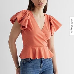 Express NWT Apricot Orange XL V Neck Flutter Sleeve Wrap Peplum Top